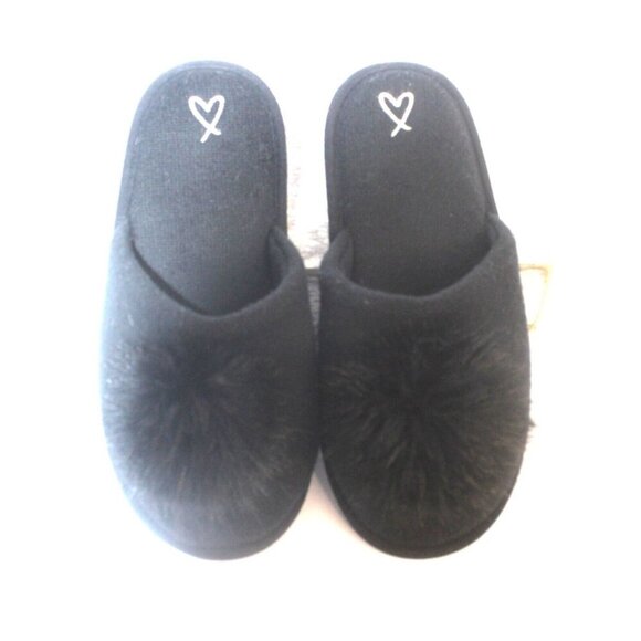 Victoria's Secret Black Knit Embroidered Pop Pom Slippers Slip On Women's Large - Picture 2 of 10